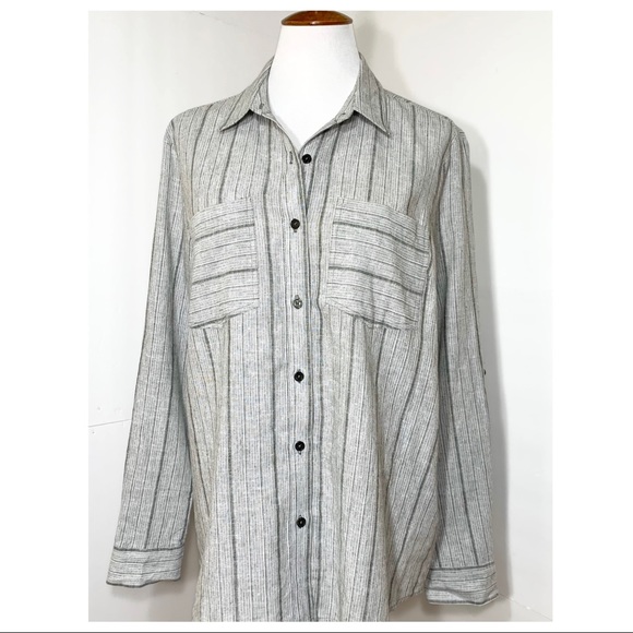 SOLD-Michael Kors Black and Gray Stripe Roll Tab Sleeve Linen Blend Buttondown - Picture 5 of 8